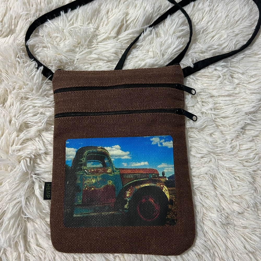 Dharma Love brown hemp crossbody casual pouch with vintage truck photo